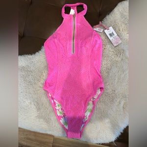 Hurley bright pink high-neck one piece swimsuit, size small, NWT